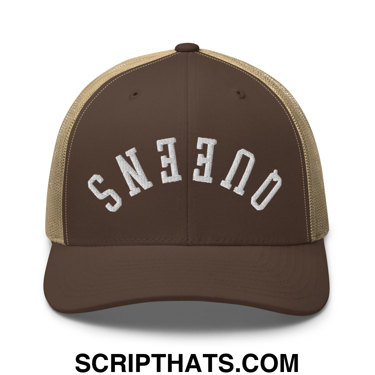 Upside Down Queens Embroidered Mesh Trucker Hat Brown Khaki