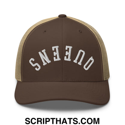 Upside Down Queens Embroidered Mesh Trucker Hat Brown Khaki