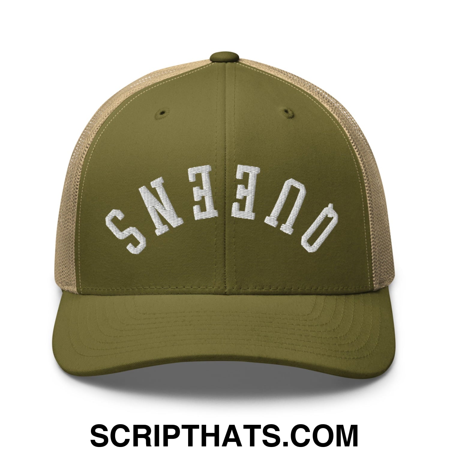 Upside Down Queens Embroidered Mesh Trucker Hat Moss Khaki