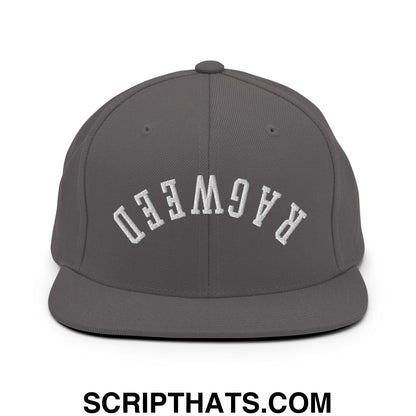 Gray snapback cap with white embroidered ragweed lettering in an arched design and flat bill brim