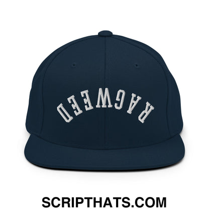 Navy blue snapback hat with white arched ragweed embroidery and a flat bill brim for casual wear