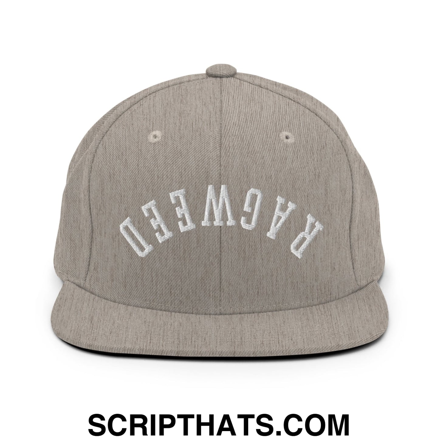Gray heathered snapback cap with white embroidered ragweed lettering and flat bill brim for casual wear