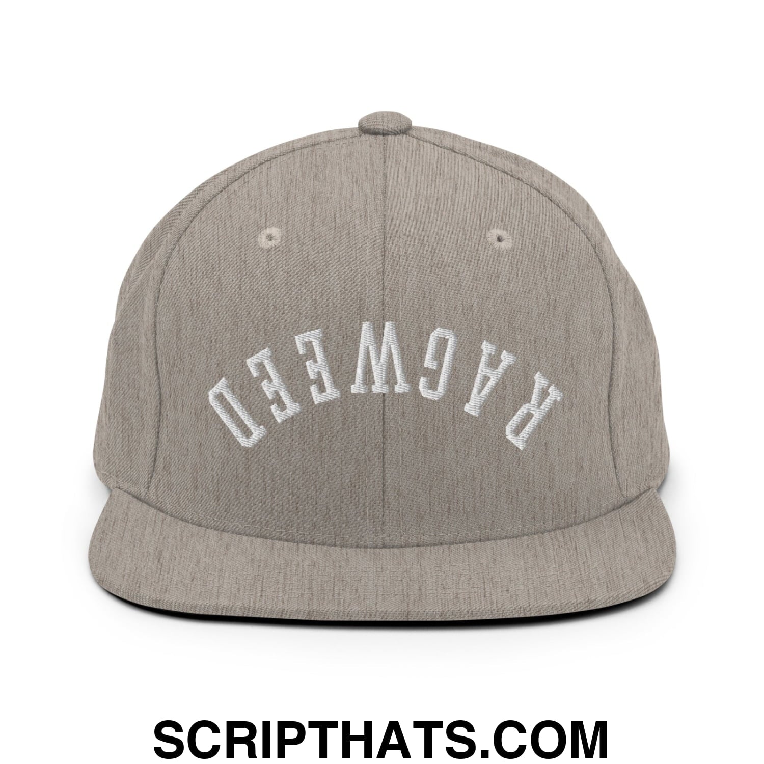 Gray heathered snapback cap with white embroidered ragweed lettering and flat bill brim for casual wear