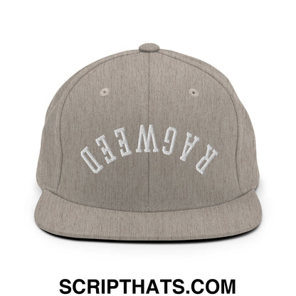 Gray heathered snapback cap with white embroidered ragweed lettering and flat bill brim for casual wear