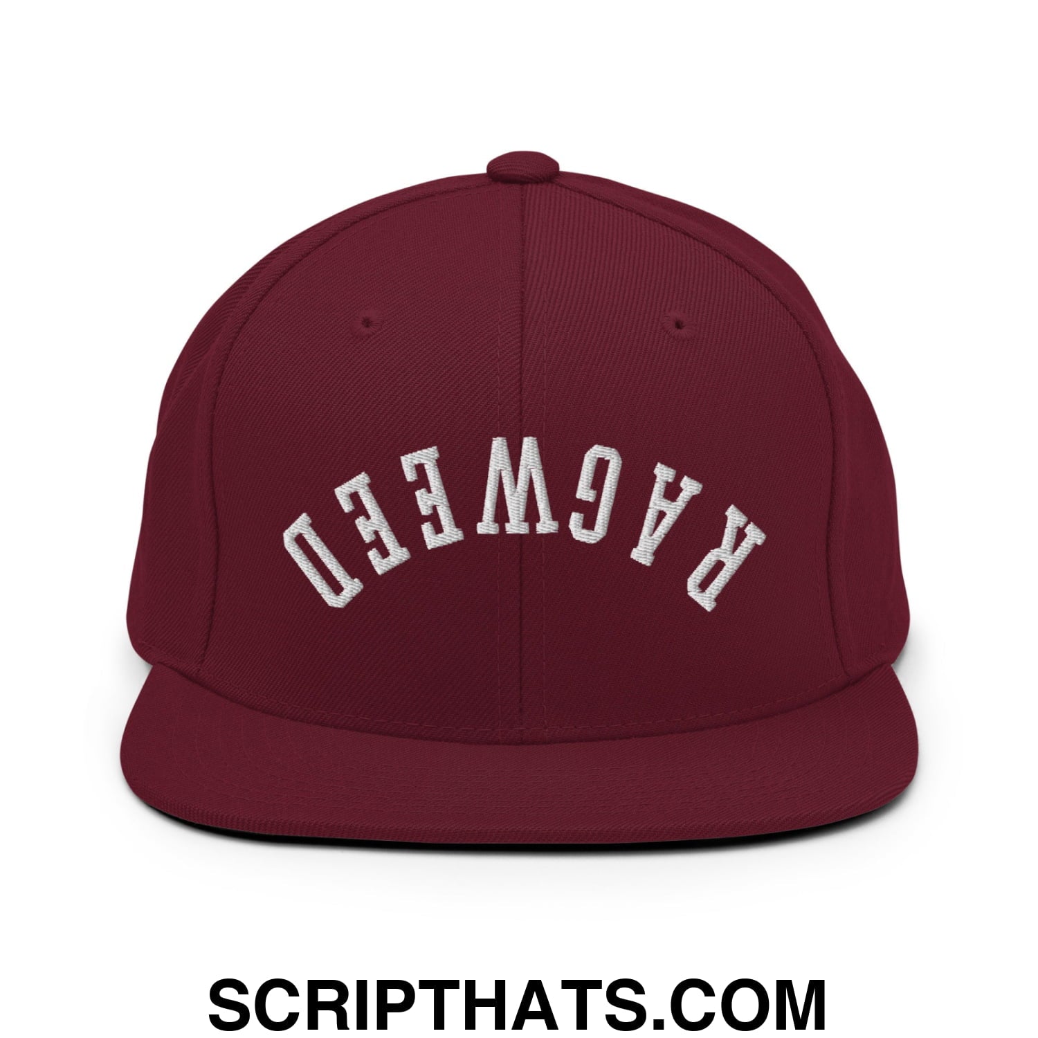 Maroon snapback flat bill brim hat with white ragweed embroidered arched lettering on the front panel