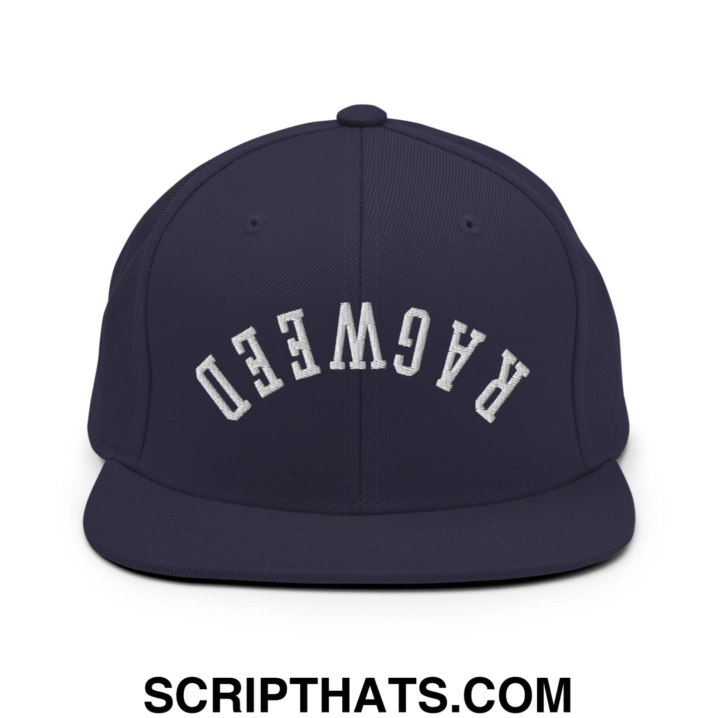 Navy blue snapback hat with white arched ragweed embroidery and flat bill brim in upside down style