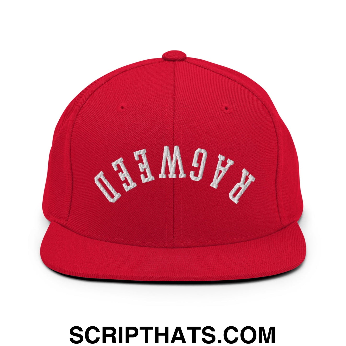 Red snapback hat with white embroidered ragweed lettering and flat bill brim for casual streetwear use