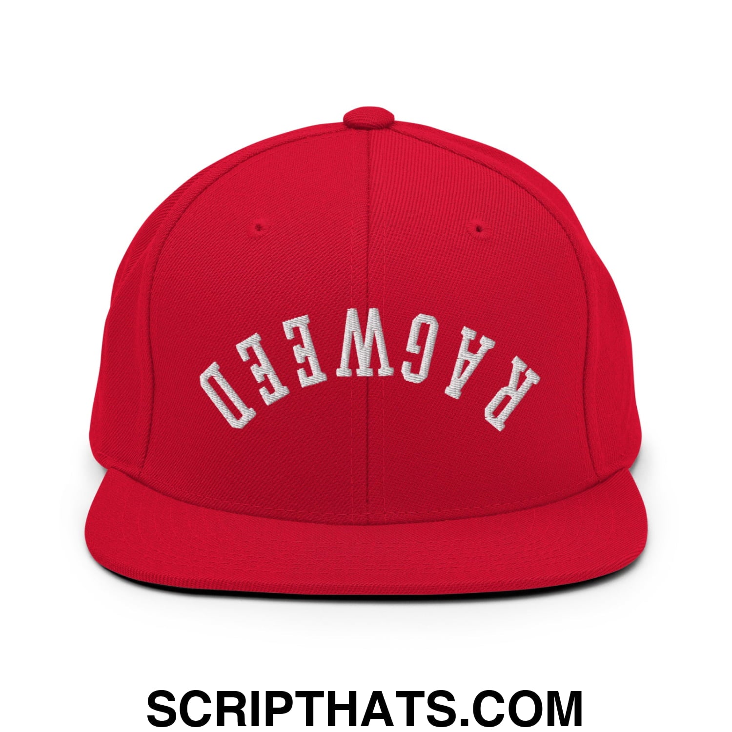 Red snapback hat with white embroidered ragweed lettering and flat bill brim for casual streetwear use