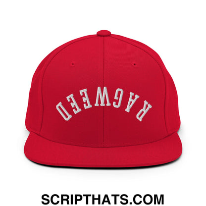 Red snapback hat with white embroidered ragweed lettering and flat bill brim for casual streetwear use