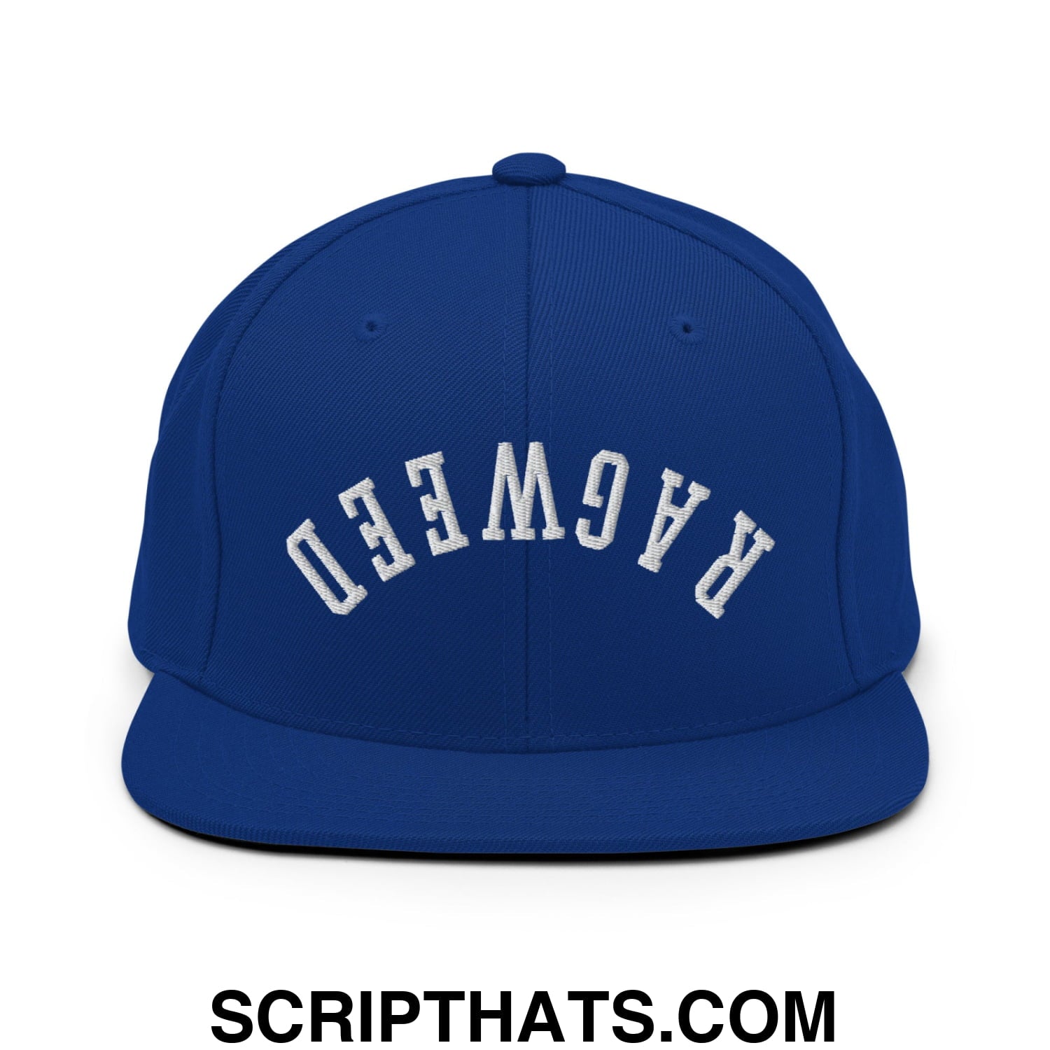 Royal blue flat bill brim snapback hat with white upside down ragweed embroidered arched pagweed logo