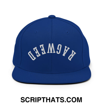 Royal blue flat bill brim snapback hat with white upside down ragweed embroidered arched pagweed logo