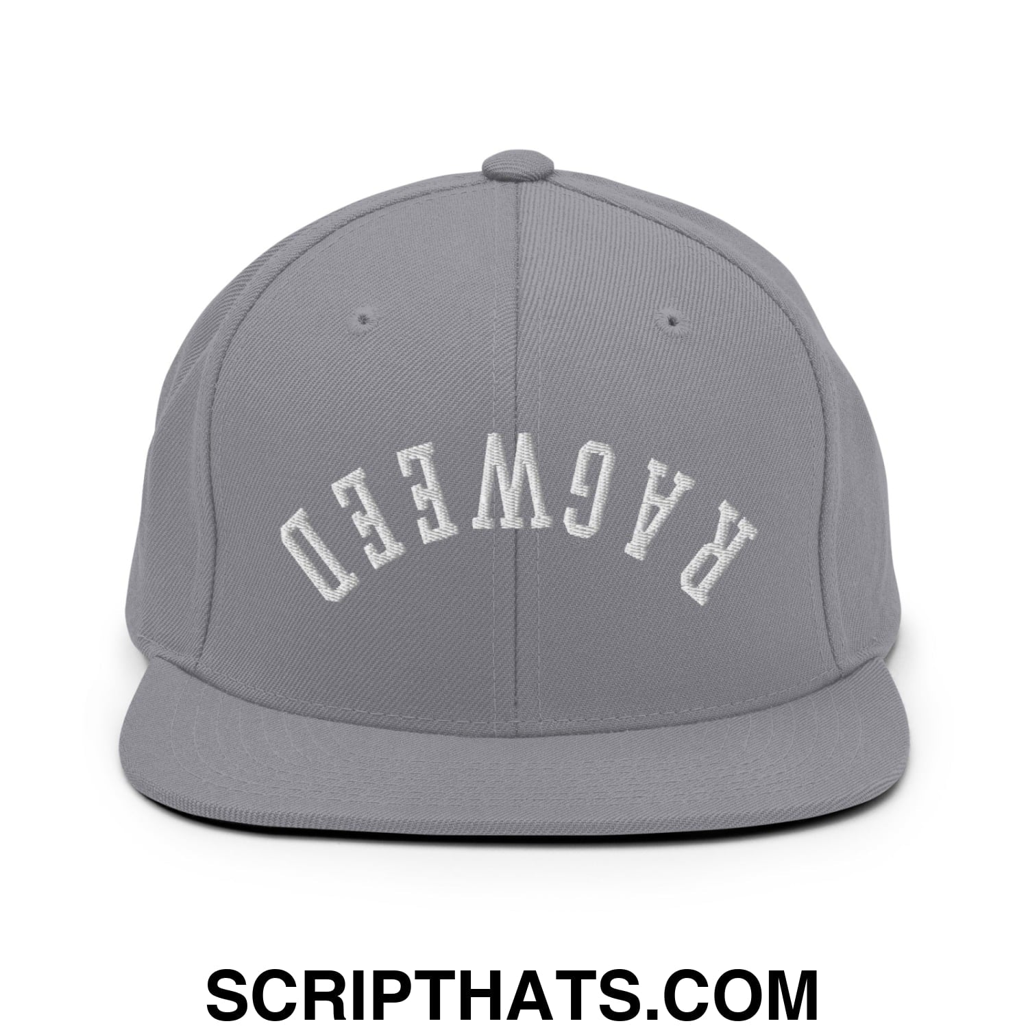 Gray flat bill brim snapback hat with white embroidered ragweed lettering in an arched design