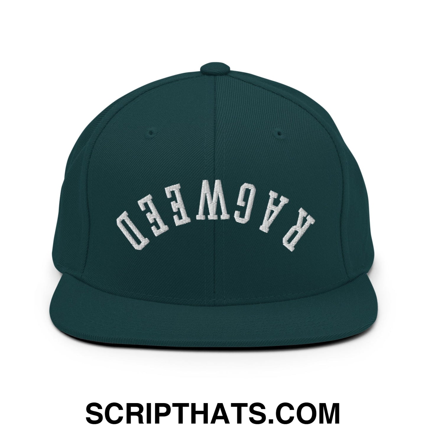Dark green snapback hat with white embroidered ragweed lettering and flat bill brim in an arched design