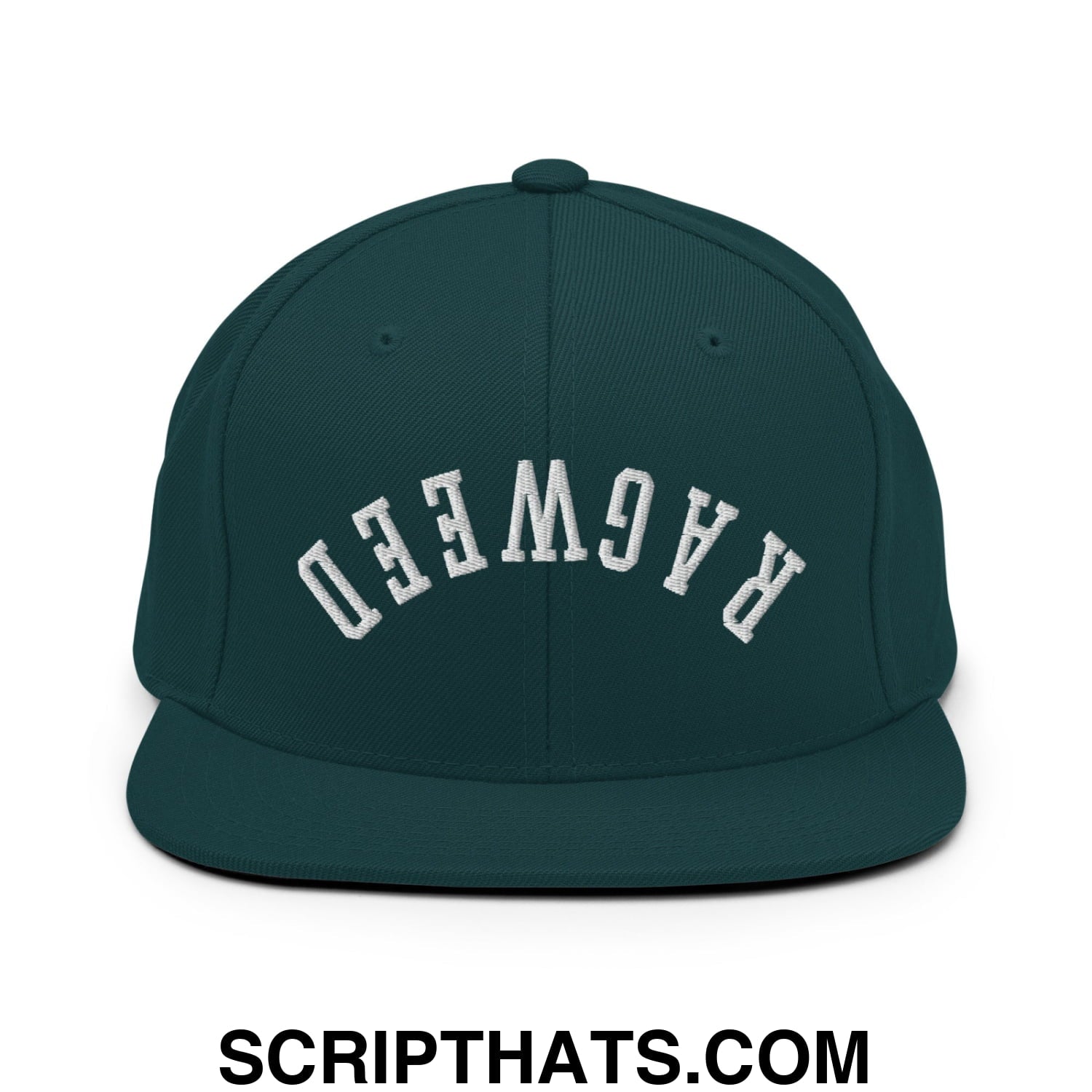 Dark green snapback hat with white embroidered ragweed lettering and flat bill brim in an arched design