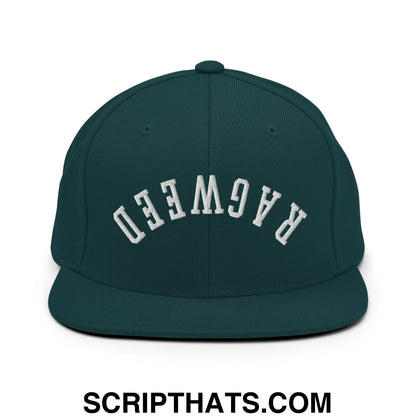 Dark green snapback hat with white embroidered ragweed lettering and flat bill brim in an arched design