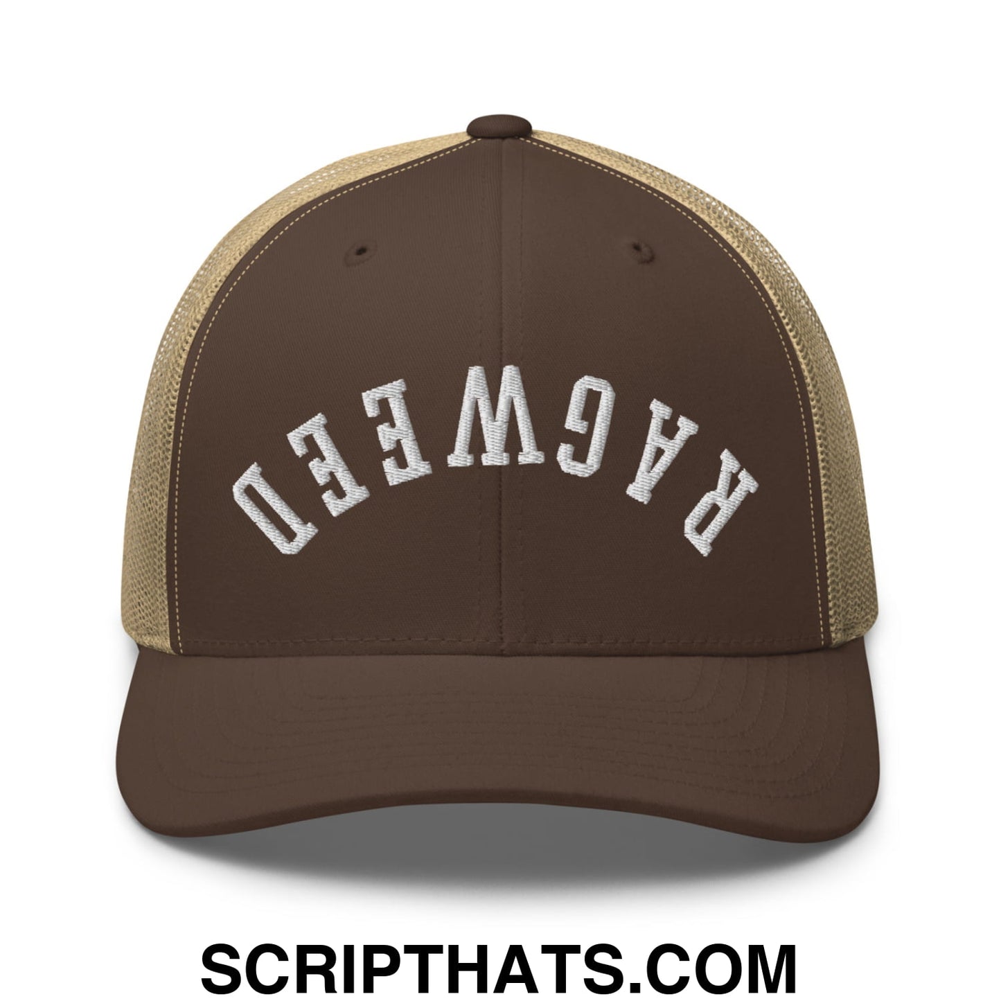 Brown and tan mesh trucker hat with white embroidered ragweed lettering across the front