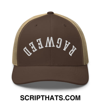 Brown and tan mesh trucker hat with white embroidered ragweed lettering across the front