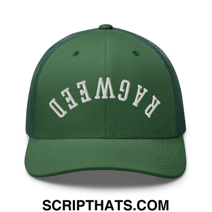 Dark green mesh trucker hat with white embroidered ragweed lettering featuring an upside down design