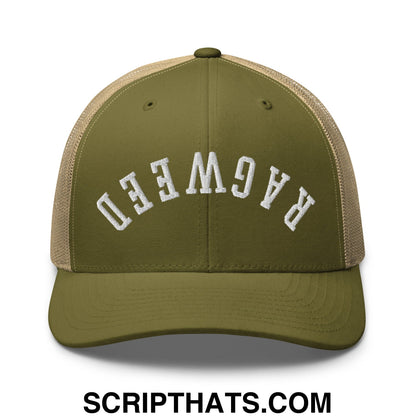 Olive green and tan mesh trucker hat with white ragweed embroidery on front in upside down design