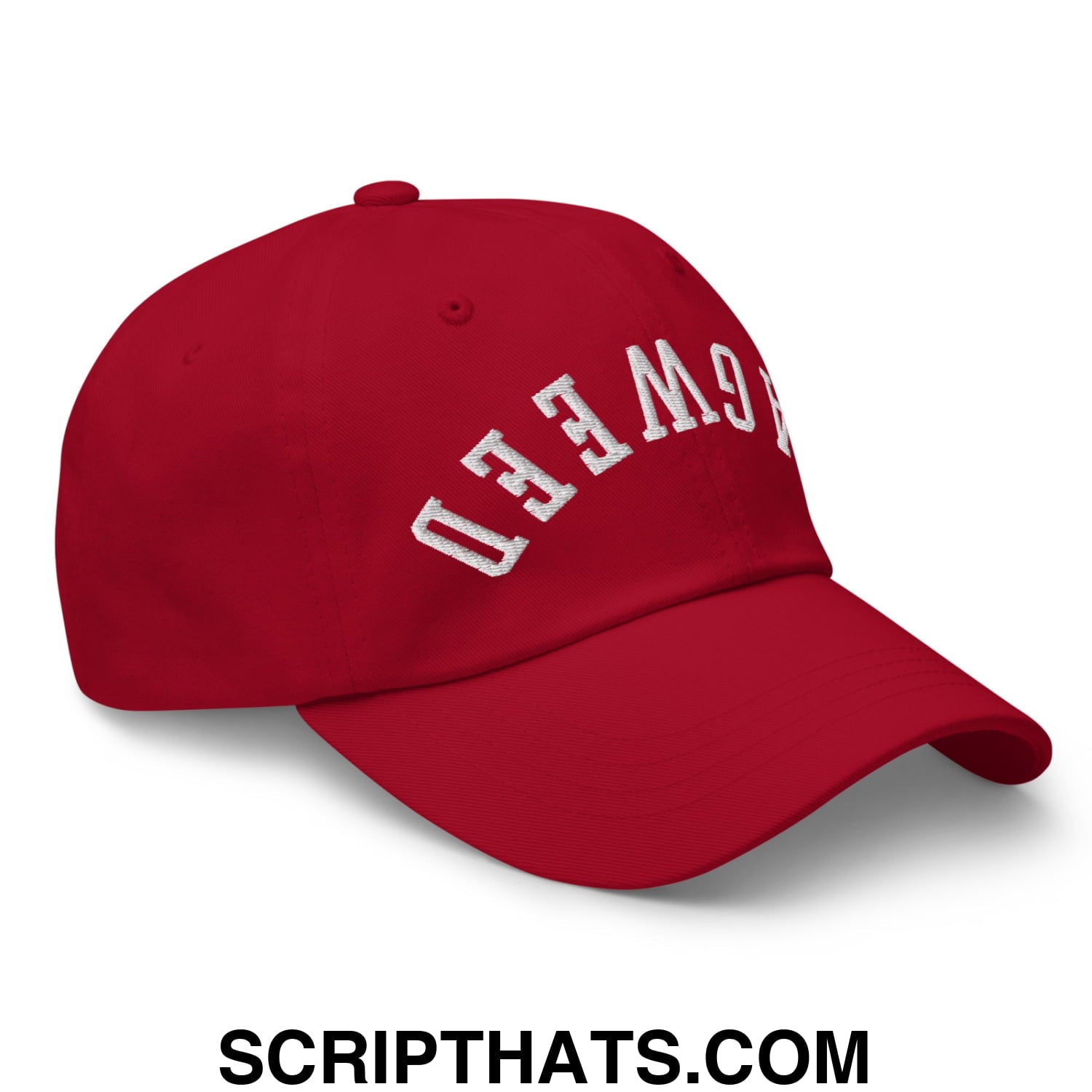 Red upside down ragweed embroidered unstructured dad hat with white gamed lettering on the front panel