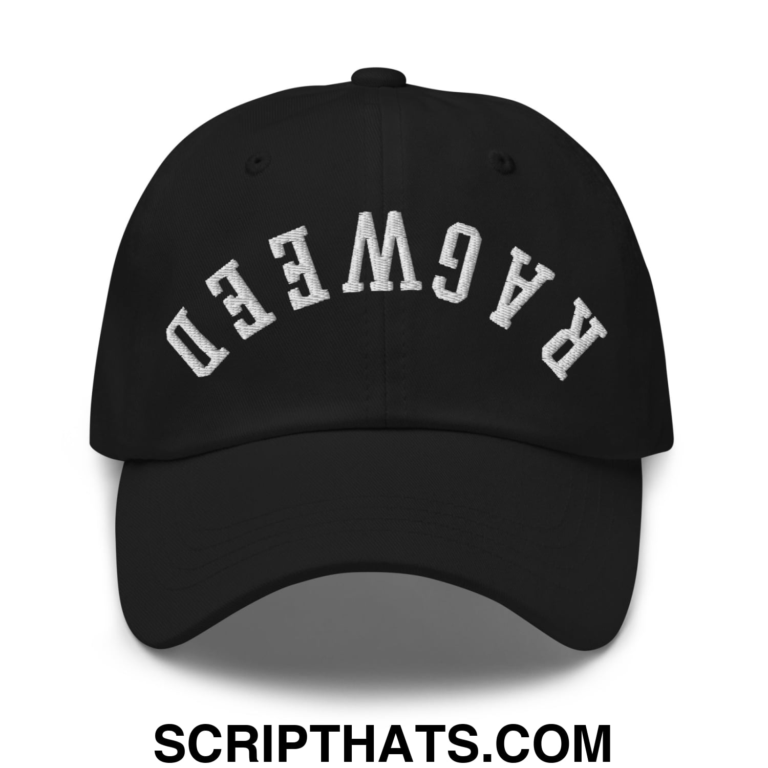 Black unstructured dad hat with white embroidered ragweed lettering in an arched design