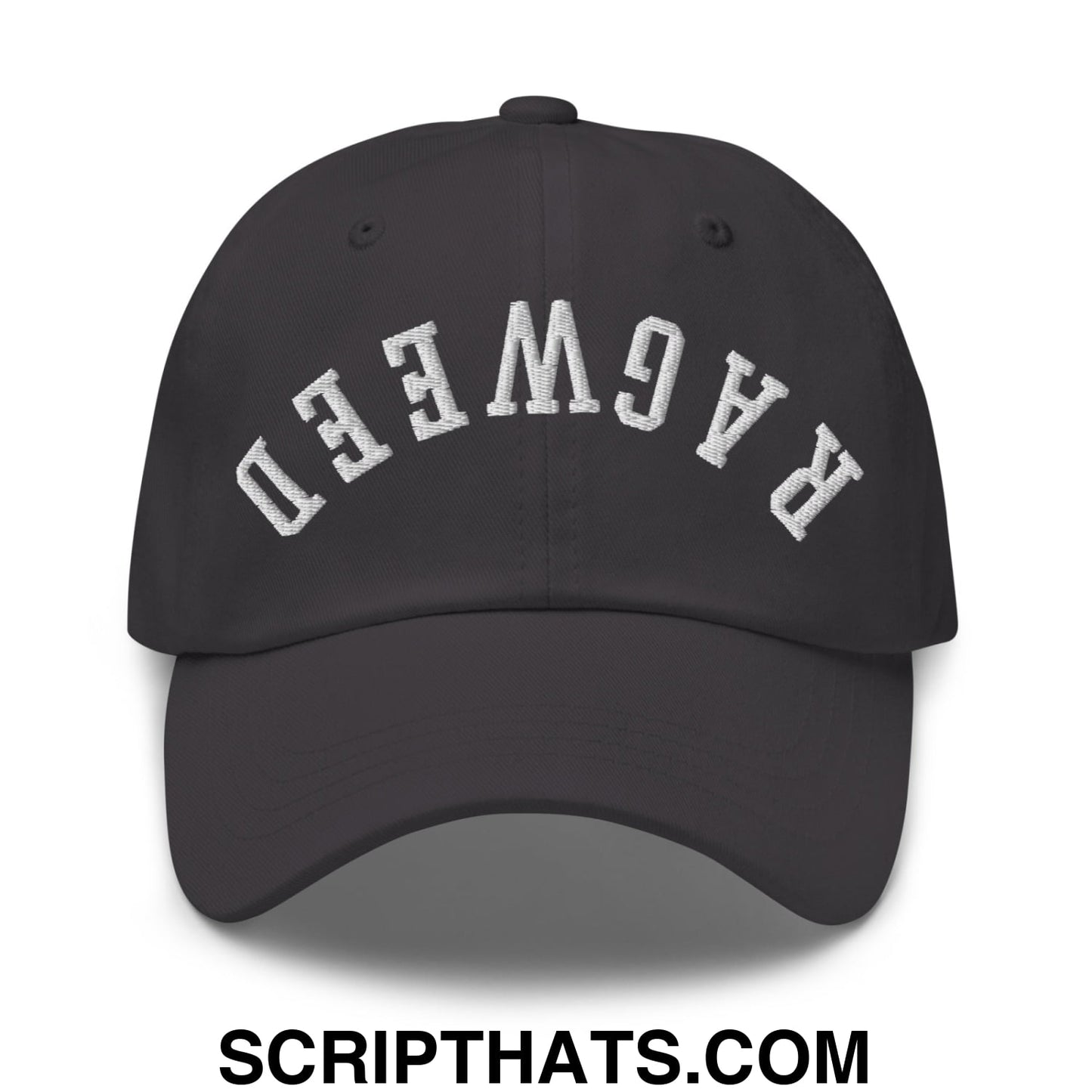 Black unstructured dad hat with white embroidered ragweed lettering in an arched design on the front panel