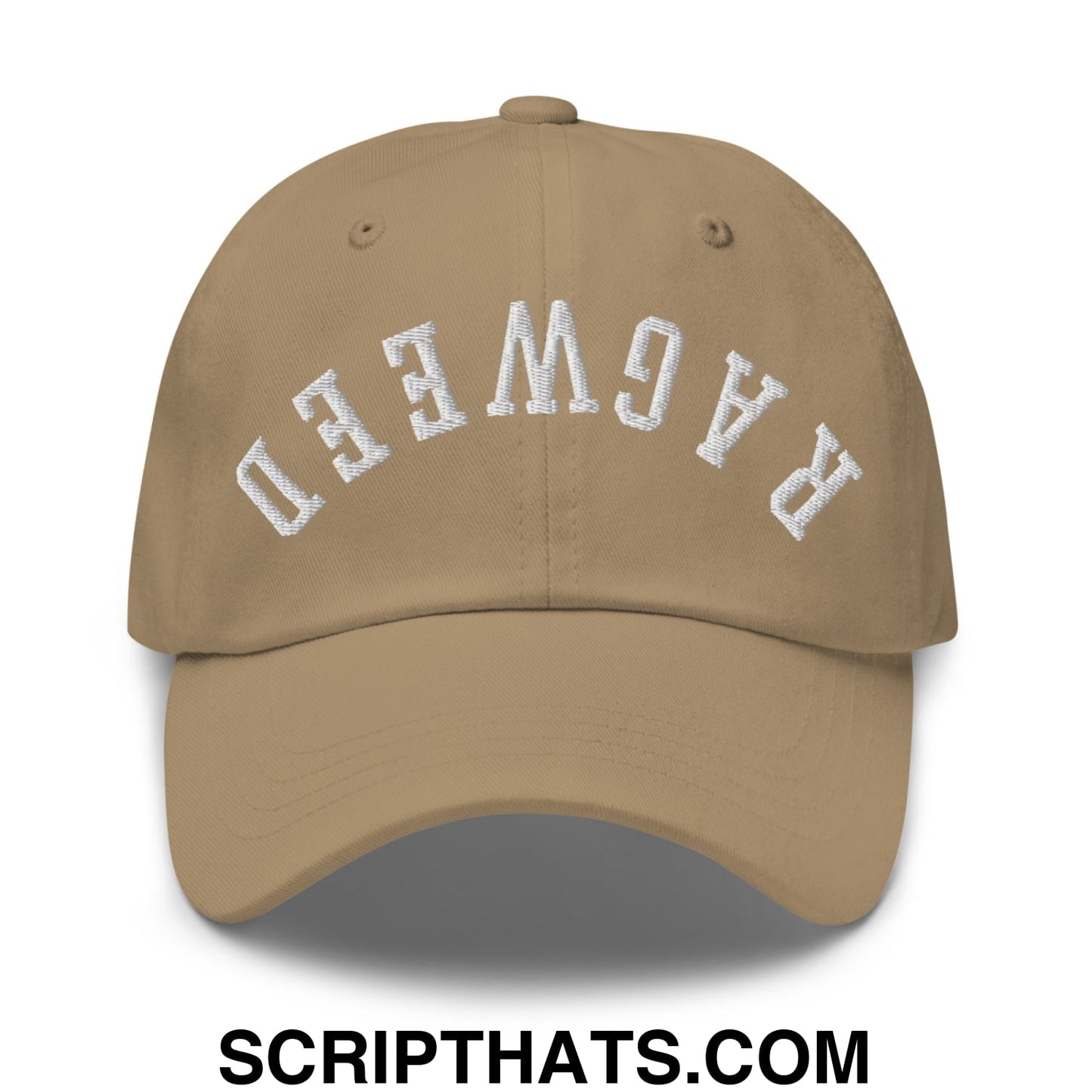 Tan unstructured dad hat with white embroidered ragweed lettering in an arched design for casual wear