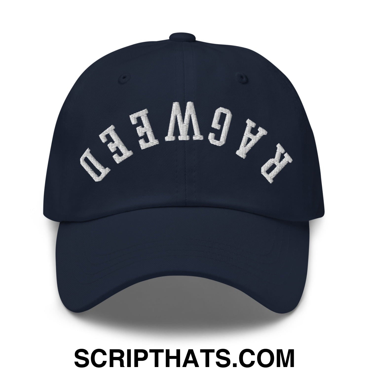 Navy blue unstructured dad hat with white embroidered ragweed lettering in an arched design front view