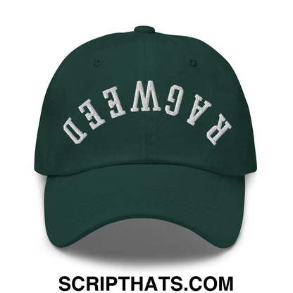 Dark green unstructured dad hat with white embroidered ragweed lettering in an arched design