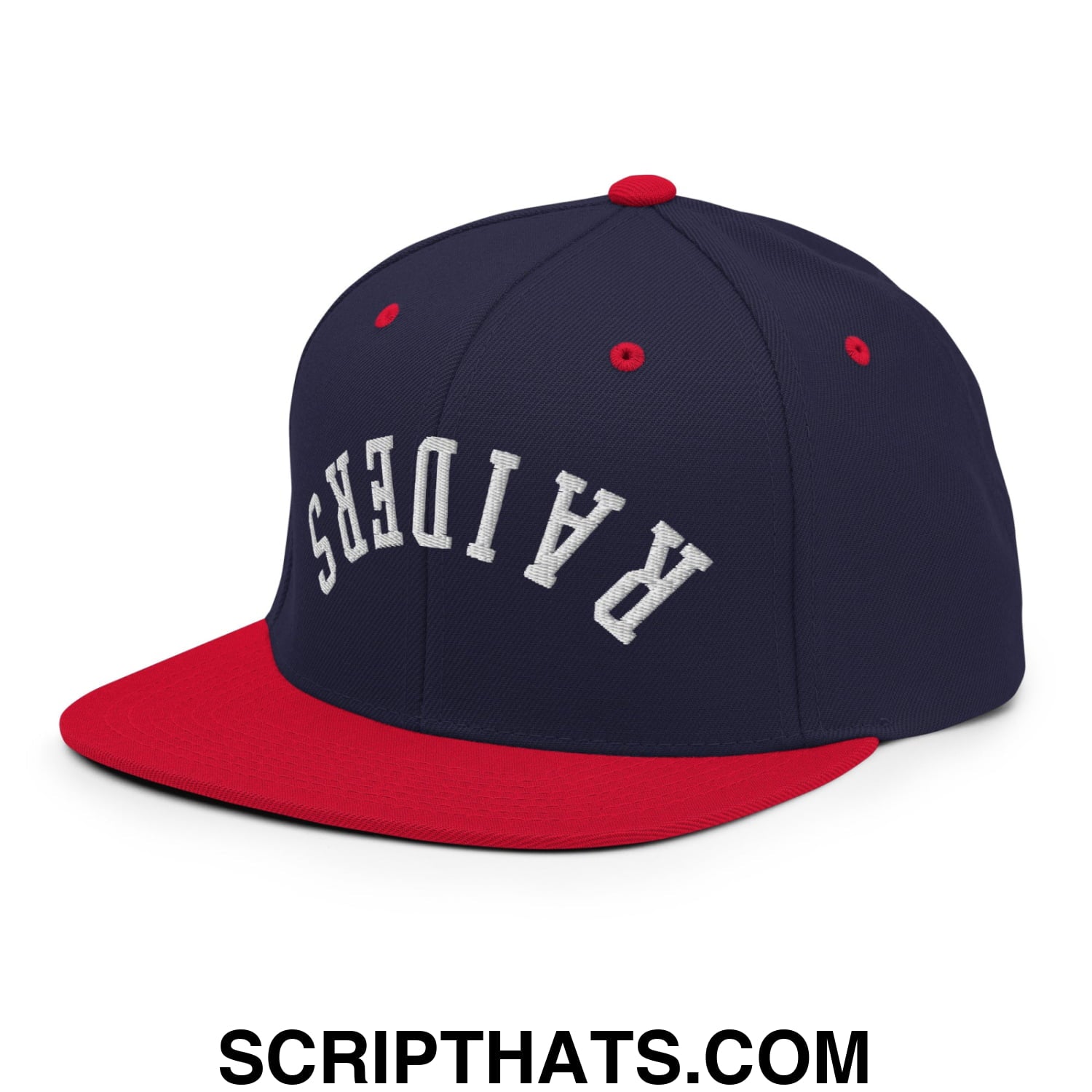 Navy blue and red snapback hat with white embroidered raiders lettering and flat bill brim for casual wear