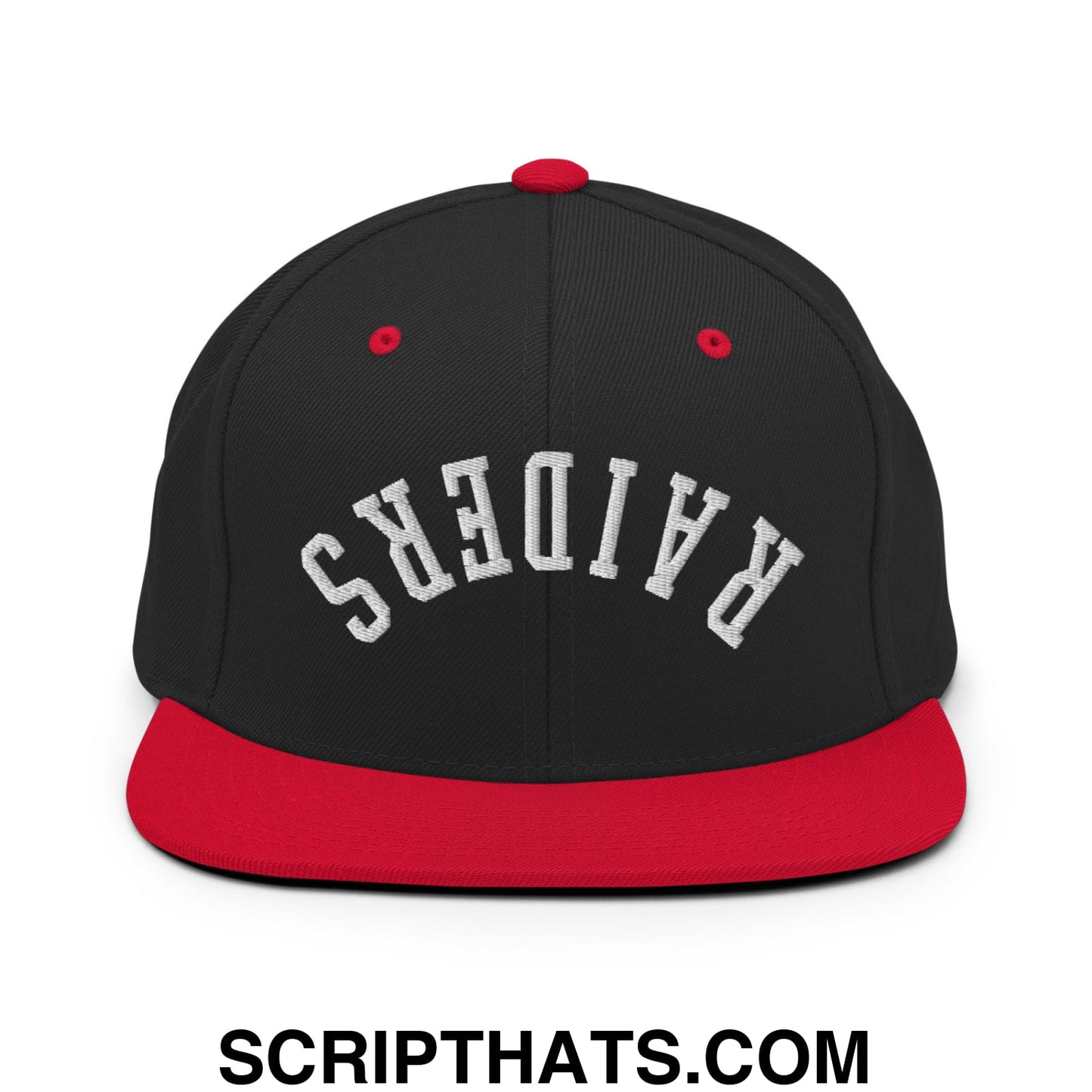 Black and red snapback hat with upside down raiders embroidered white lettering and flat bill brim