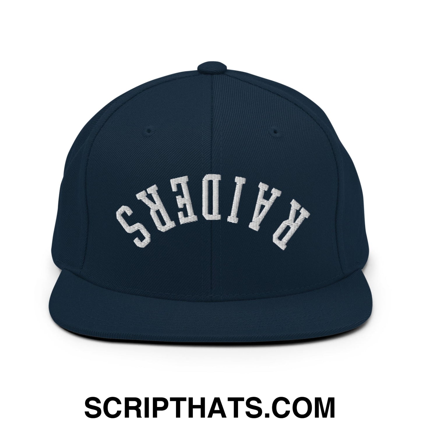 Navy blue snapback hat with white embroidered upside down raiders lettering and a flat bill brim design