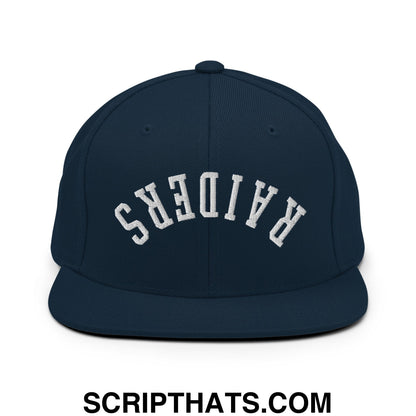 Navy blue snapback hat with white embroidered upside down raiders lettering and a flat bill brim design