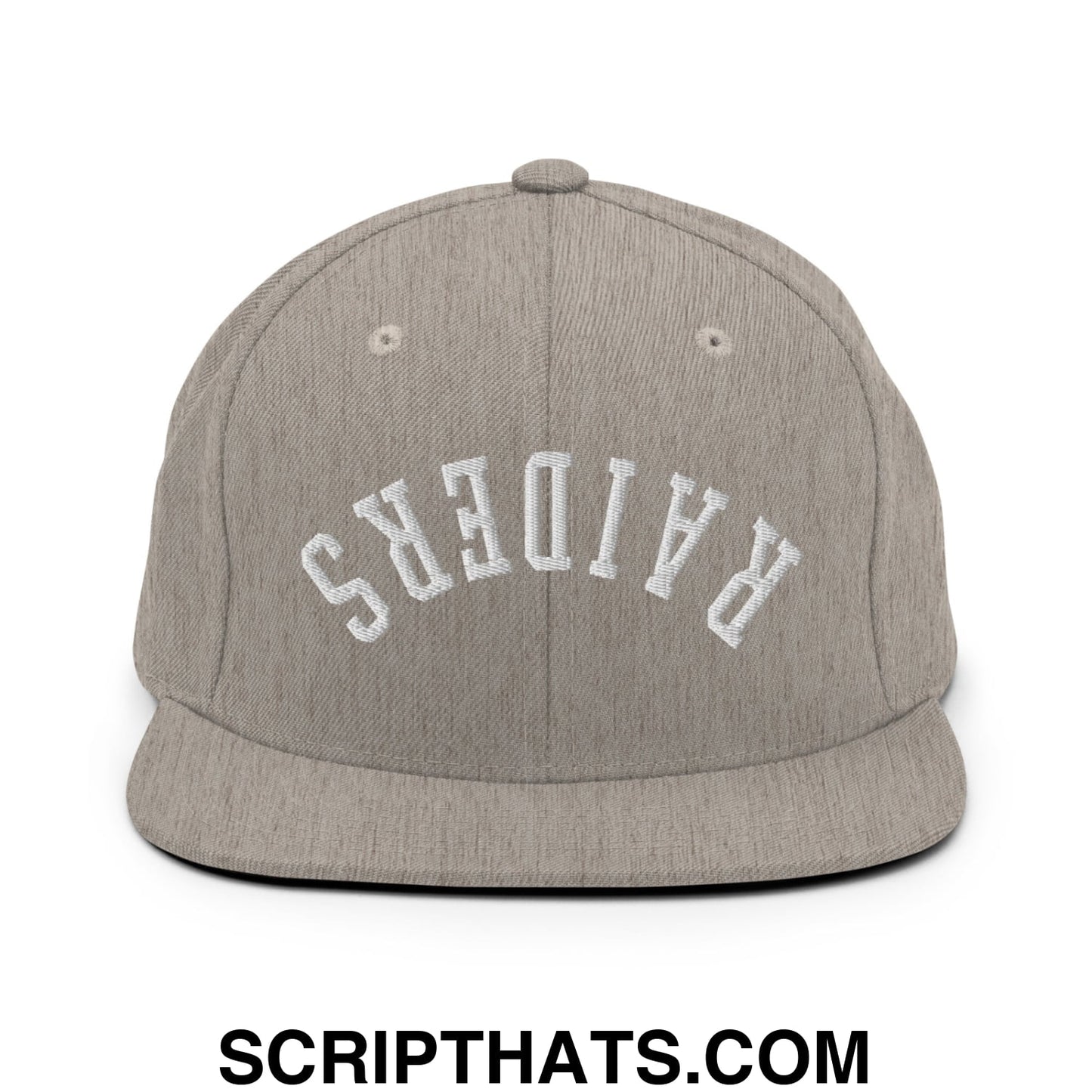 Gray heathered snapback cap with white embroidered raiders lettering and flat bill brim in upside down style