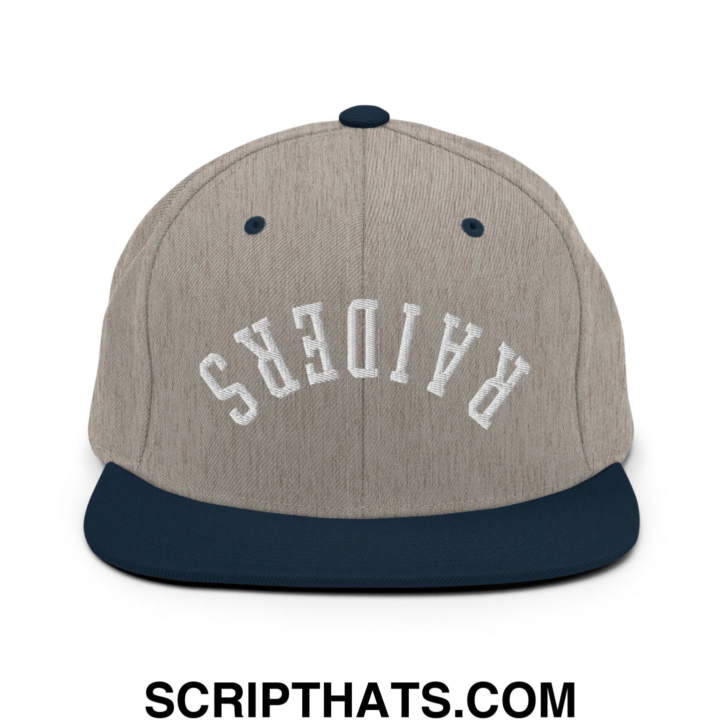 Gray and navy blue snapback hat with white embroidered upside down Raiders flat bill brim design