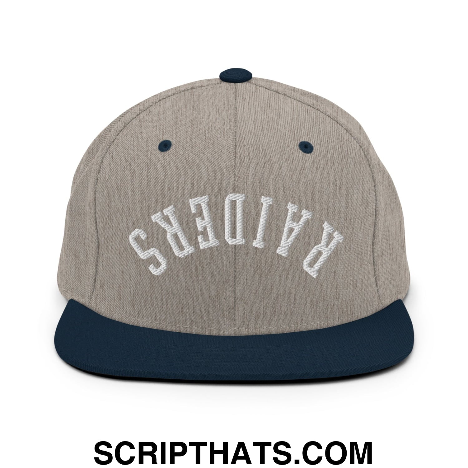 Gray and navy blue snapback hat with white embroidered upside down Raiders flat bill brim design