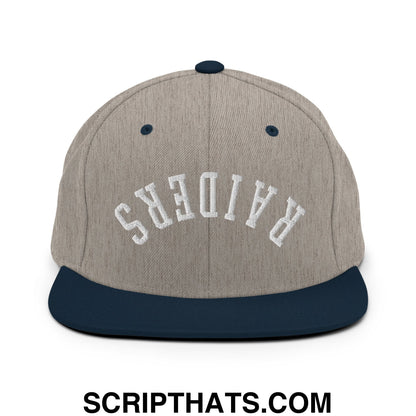 Gray and navy blue snapback hat with white embroidered upside down Raiders flat bill brim design