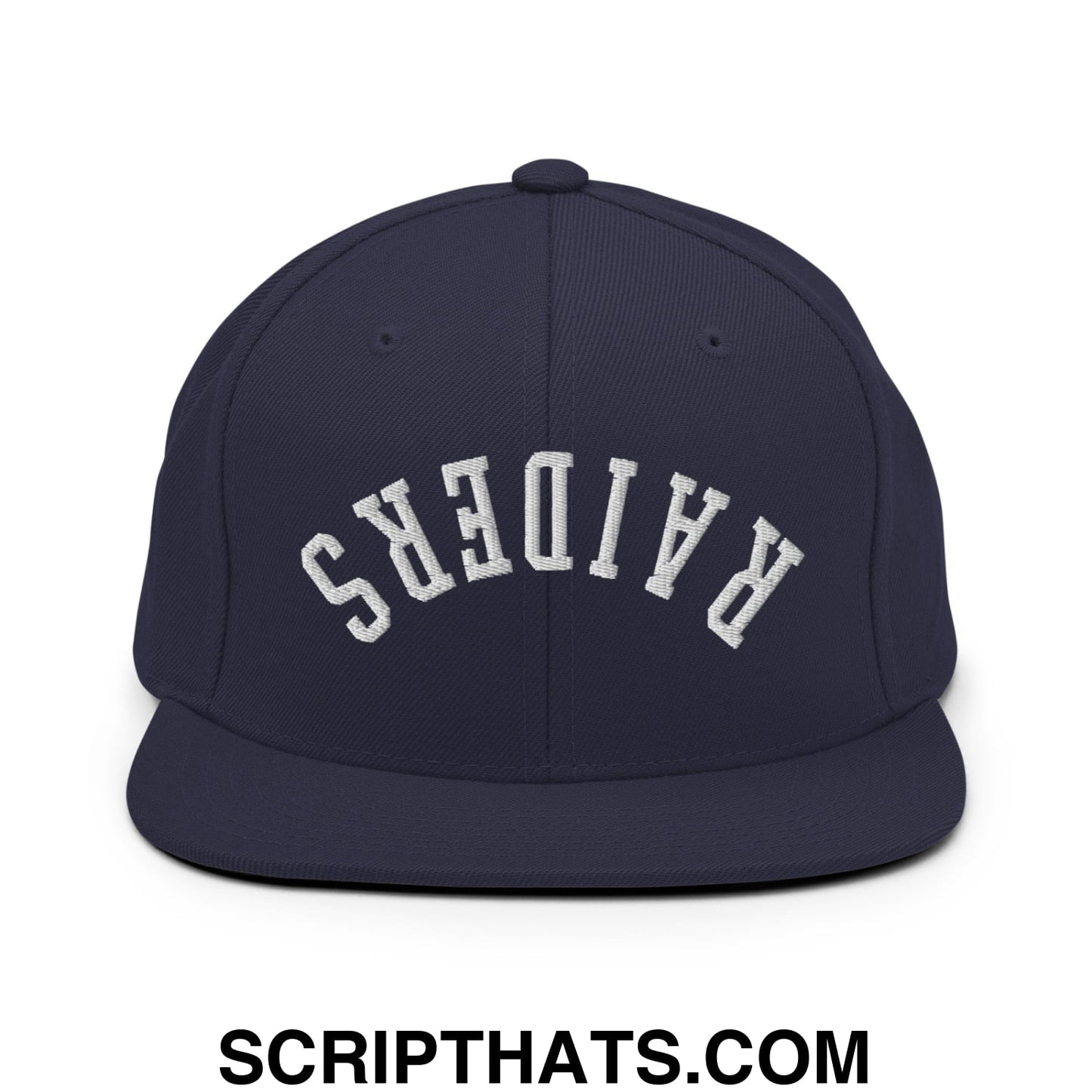 Navy blue snapback hat with white embroidered upside down raiders lettering and a flat bill brim design