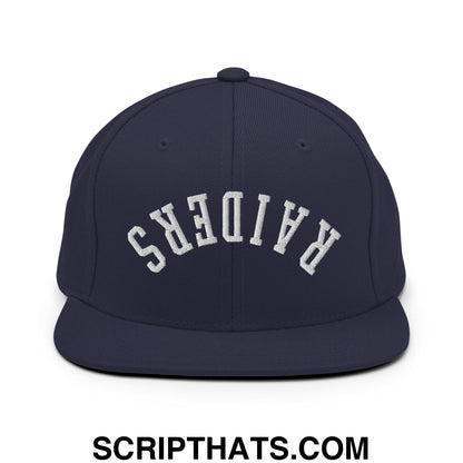Navy blue snapback hat with white embroidered upside down raiders lettering and a flat bill brim design