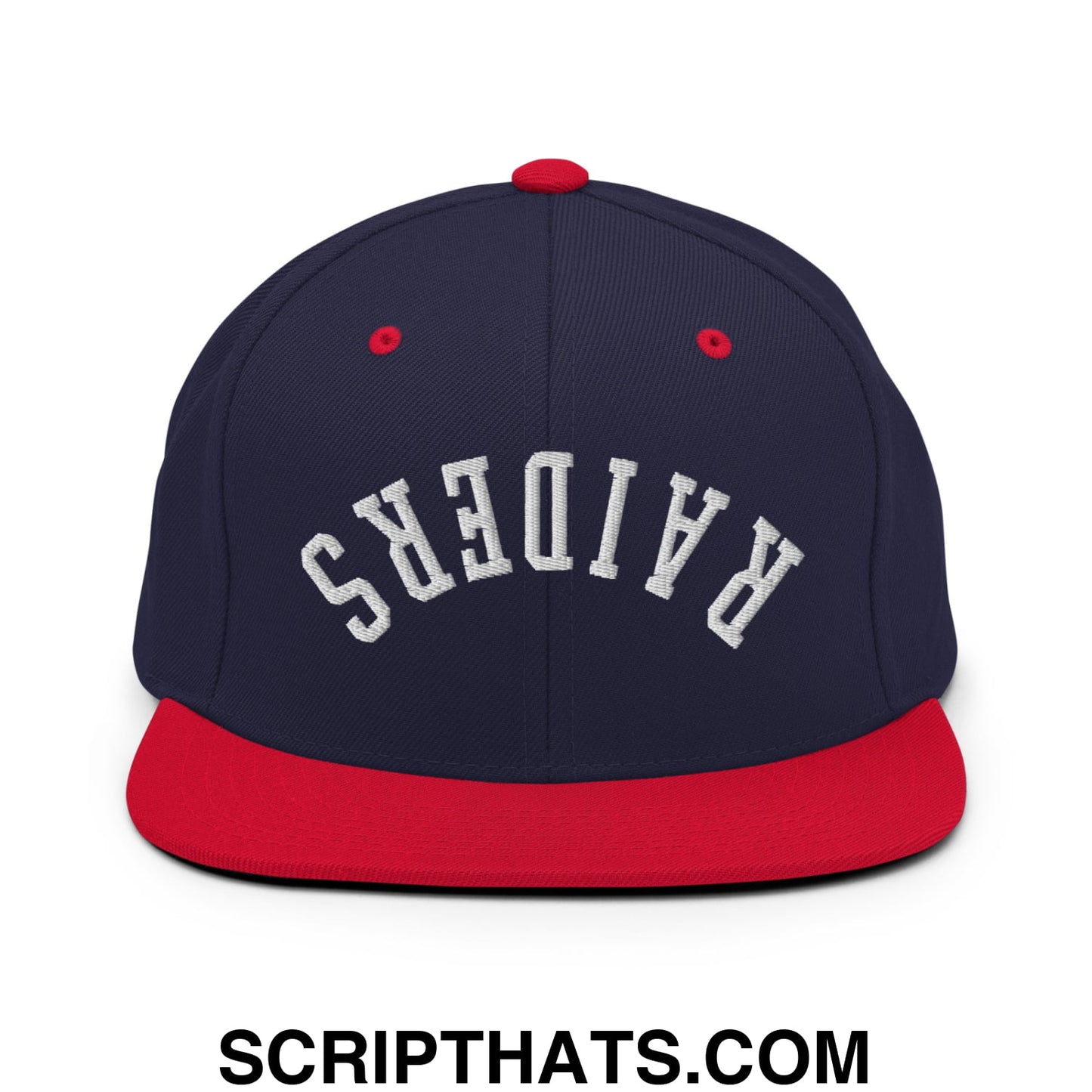 Navy blue and red snapback hat with white embroidered raiders lettering and flat bill brim