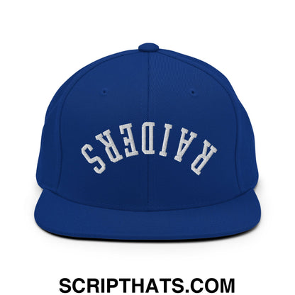 Royal blue snapback hat with white embroidered upside down raiders lettering and flat bill brim for casual wear