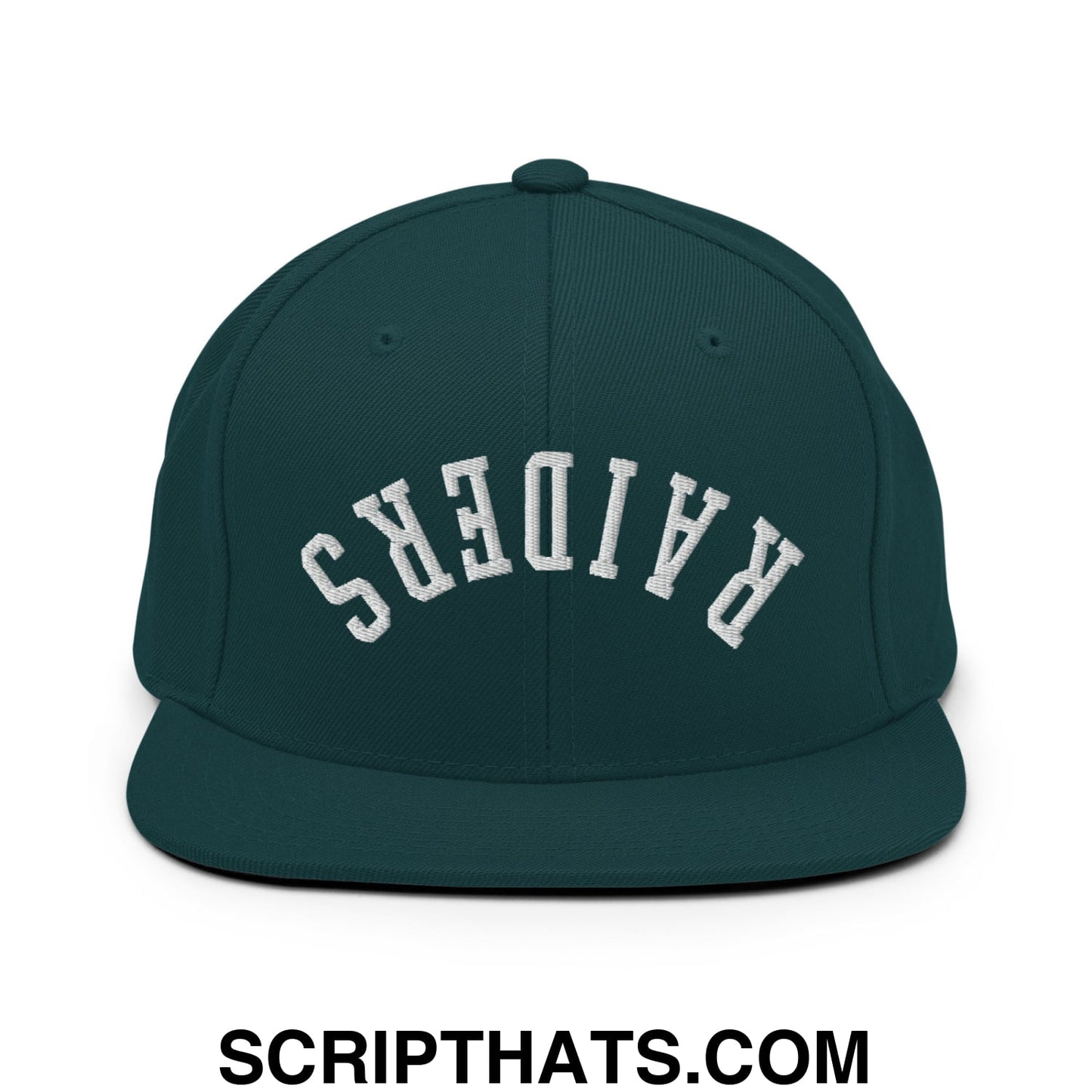 Dark green snapback hat with white embroidered raiders lettering and flat bill brim for casual wear