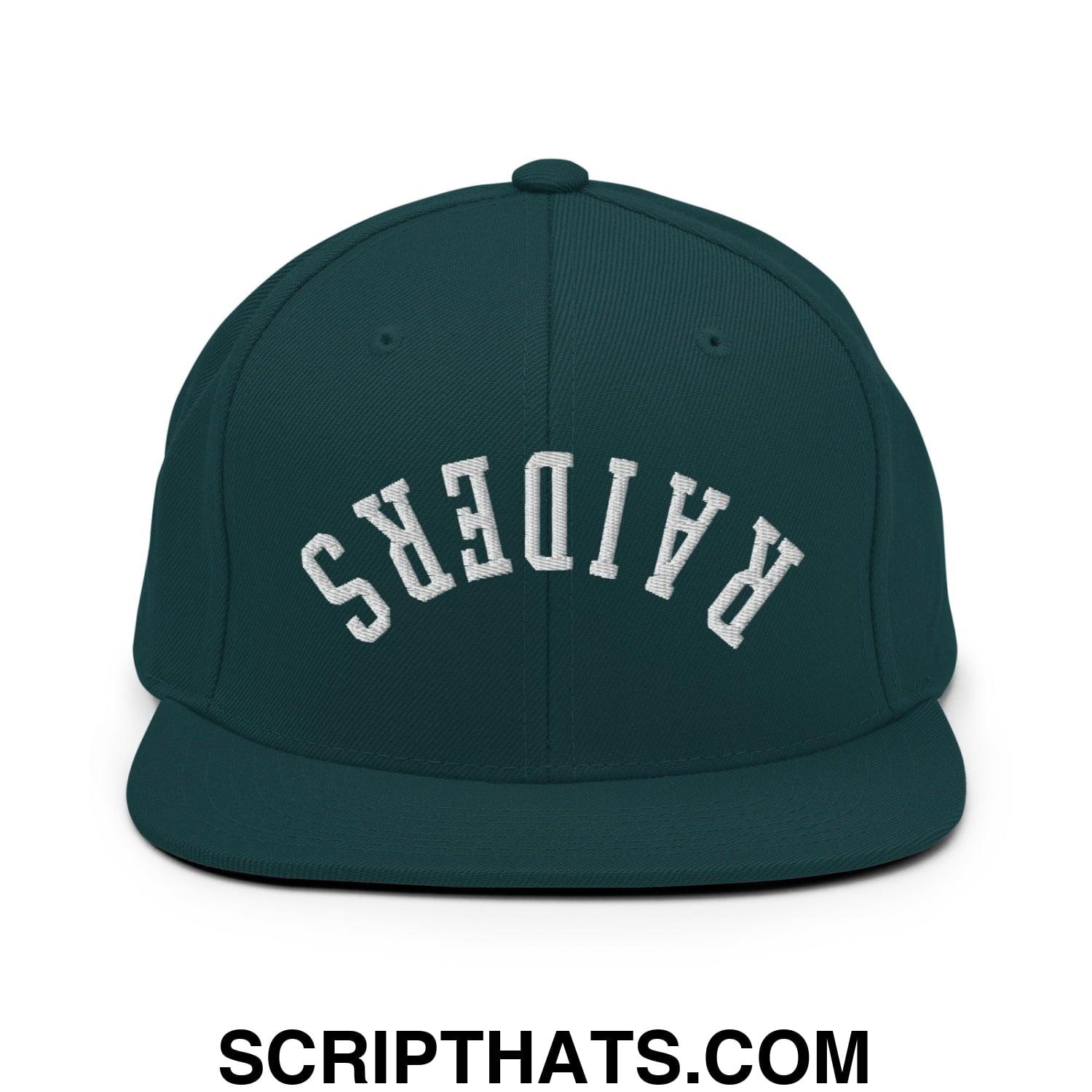 Dark green snapback hat with white embroidered raiders lettering and flat bill brim for casual wear