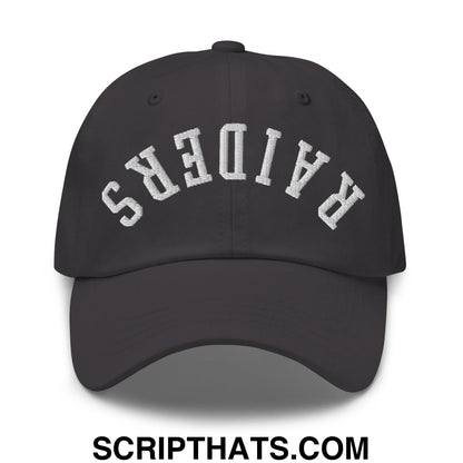 Black unstructured dad hat with white embroidered raiders lettering in an arched design titled upside down raiders hat