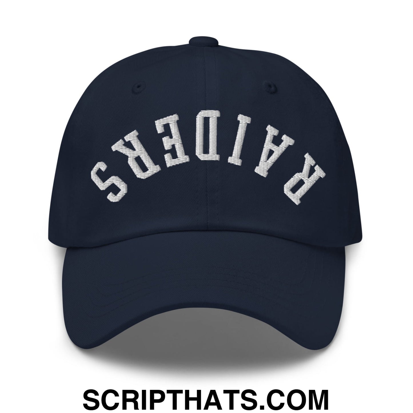Navy blue unstructured dad hat with white arched raiders embroidery featuring upside down design