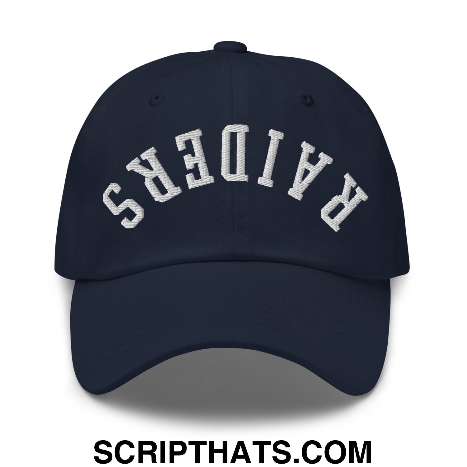 Navy blue unstructured dad hat with white arched raiders embroidery featuring upside down design