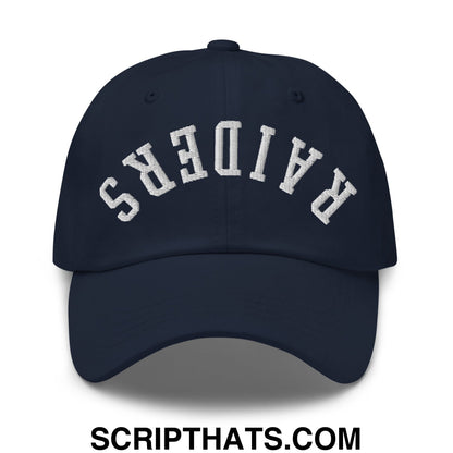 Navy blue unstructured dad hat with white arched raiders embroidery featuring upside down design