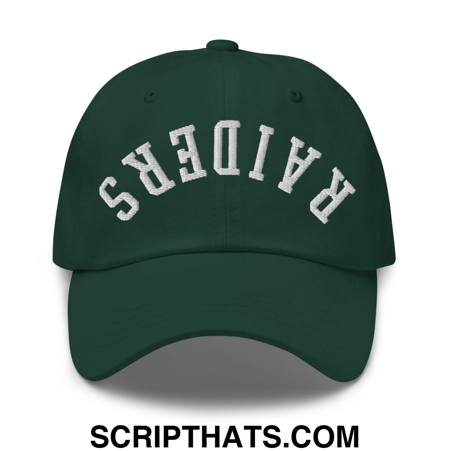 Dark green unstructured dad hat with white embroidered upside down raiders lettering in an arched design