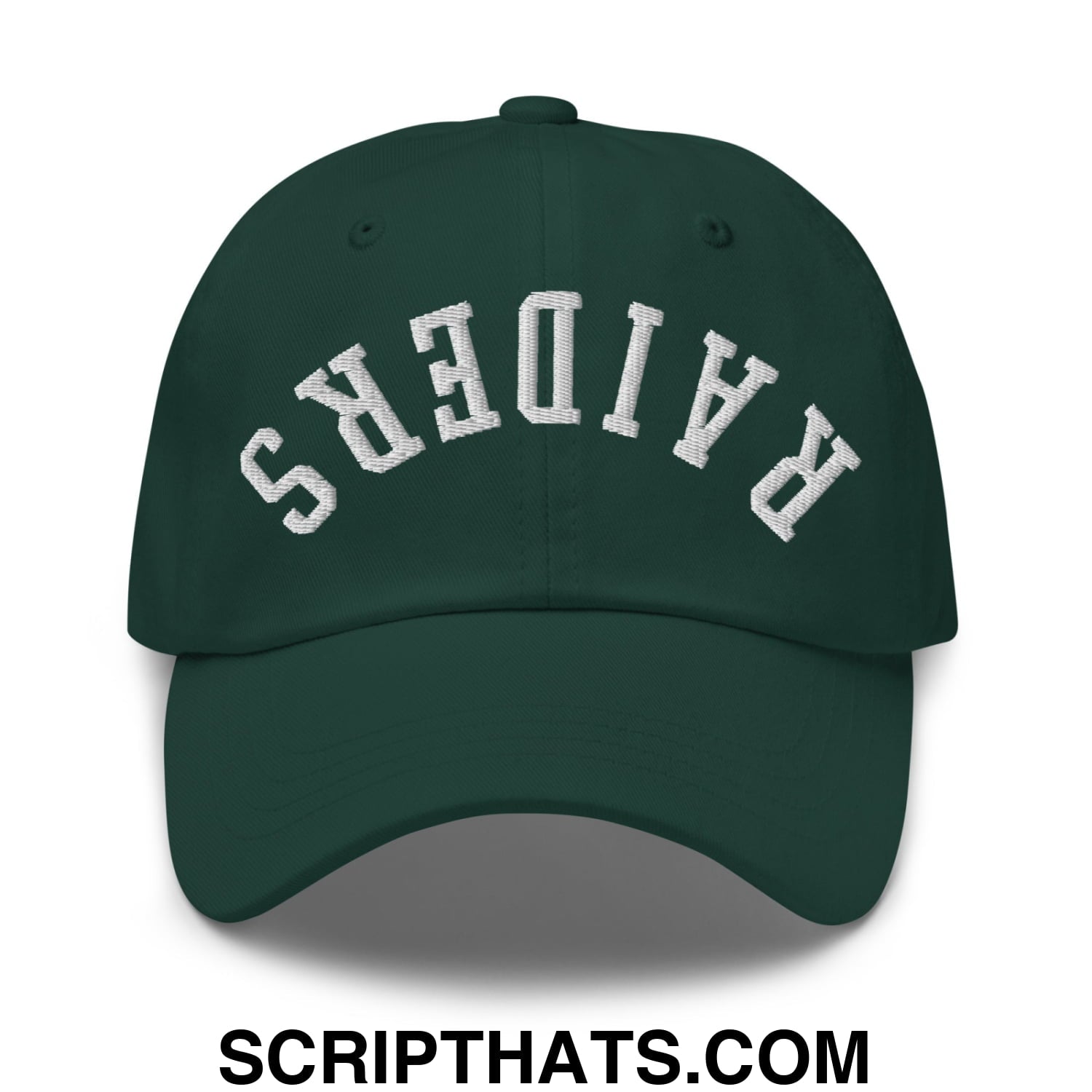 Dark green unstructured dad hat with white embroidered upside down raiders lettering in an arched design