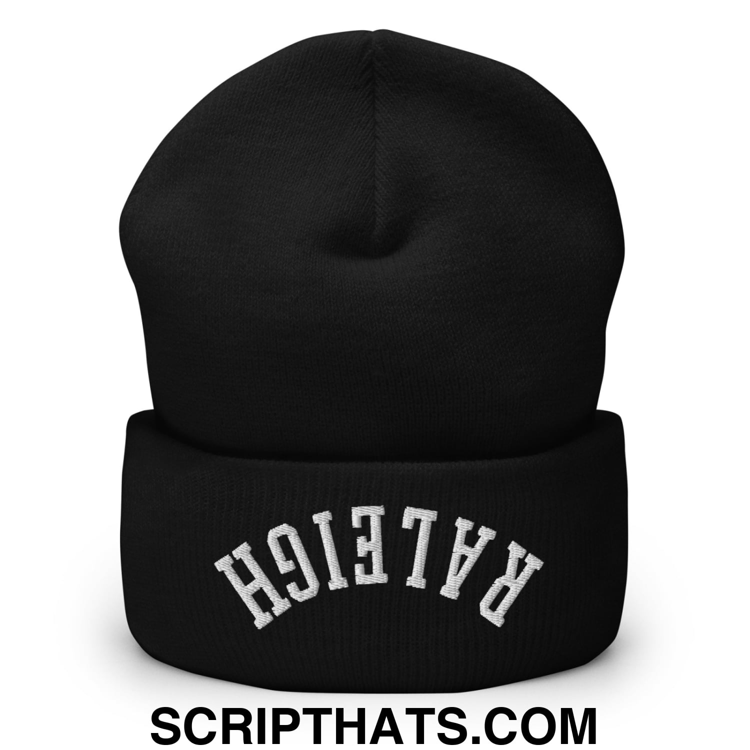 Black knit cuffed beanie with white raleigh embroidery featuring upside down arch design on the folded cuff